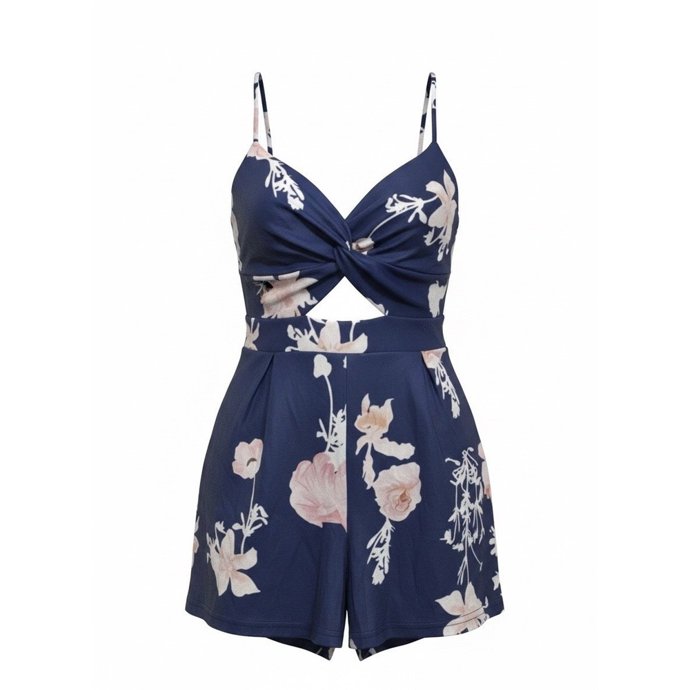 Unbranded Floral V-Neck Tie-Back Bow Romper Blue Pink White Large